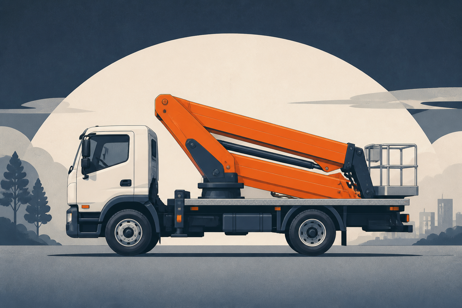 Illustrative Darstellung zum Ratgeberthema Arbeitsbühnen-Lkw kaufen: Arbeitshöhe und Abstützung bewerten