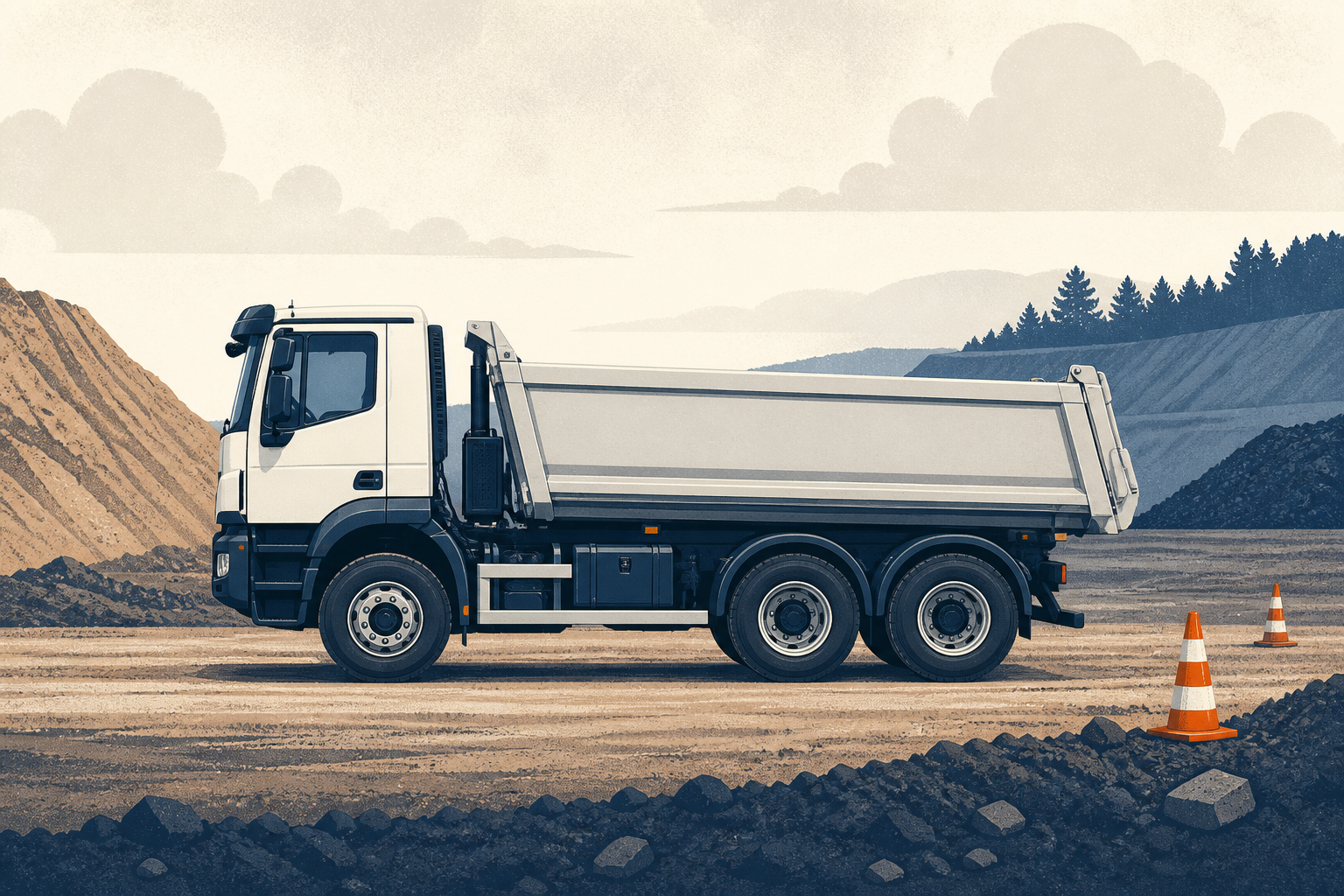 Illustrative Darstellung zum Ratgeberthema Baustellen-Lkw kaufen: Traktion, Robustheit und Nutzlast abwägen