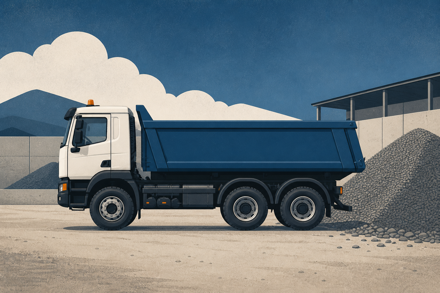 Illustrative Darstellung zum Ratgeberthema Kipper-Lkw kaufen: Mulde, Fahrgestell und Einsatzort zusammenbringen