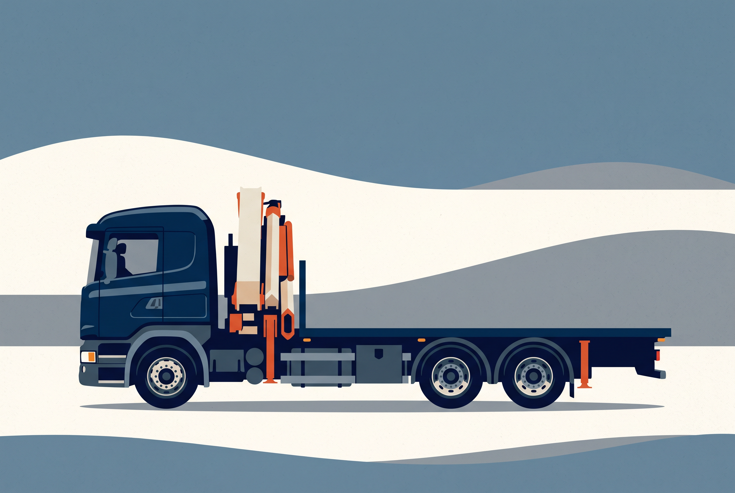Illustrative Darstellung zum Ratgeberthema Lkw mit Kran kaufen: Reichweite, Lastmoment und Standfläche prüfen